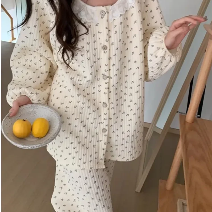 甜美可爱碎花公主风睡衣女秋冬新款加厚空气棉保暖长袖长裤家居服