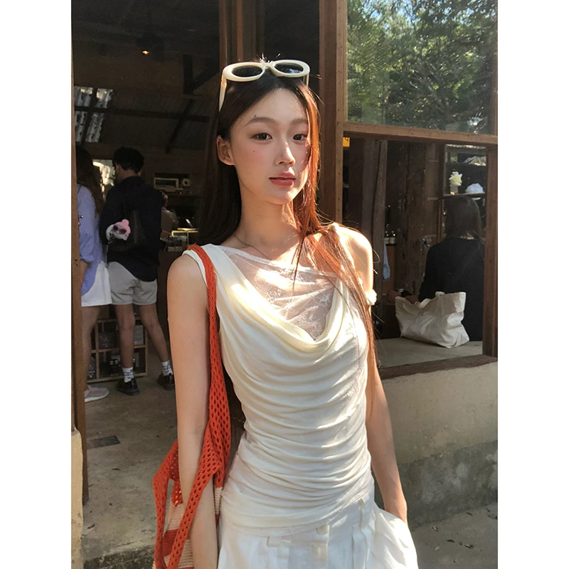 【HRG清仓】拼接蕾丝设计荡领白色气质显瘦T恤251A0952#