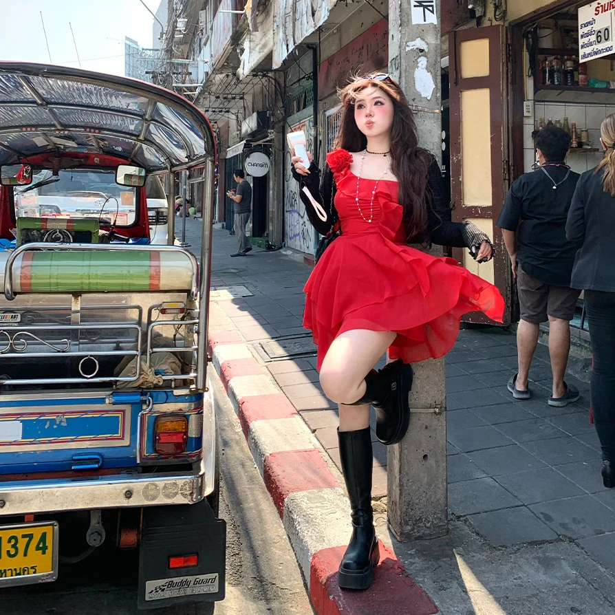 安妮不火【赤蝶玫瑰】夏季巨显白收腰显瘦热恋花朵雪纺裙A251Q0154