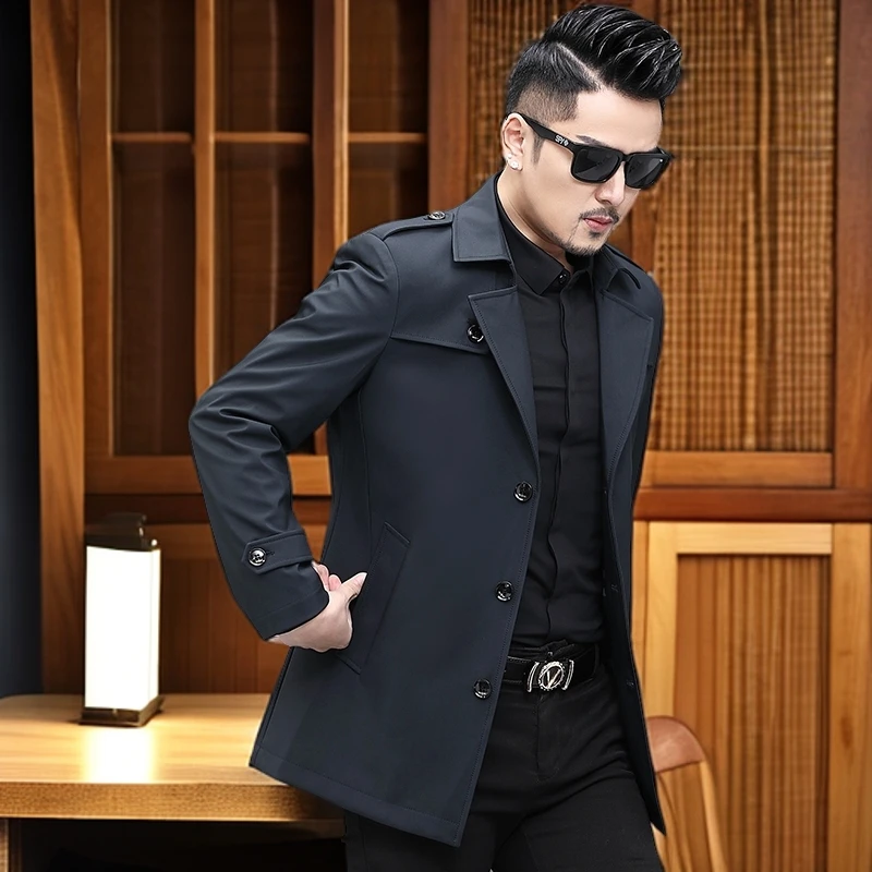 维斯克纳秋季翻领短款风衣中年气质男士商务休闲单排扣防风外套潮