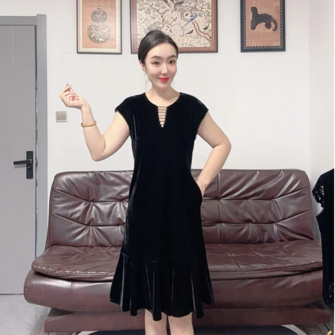 夏季常规中长裙鱼尾裙无袖连衣裙宽松拼接高质感穿搭小黑裙气质