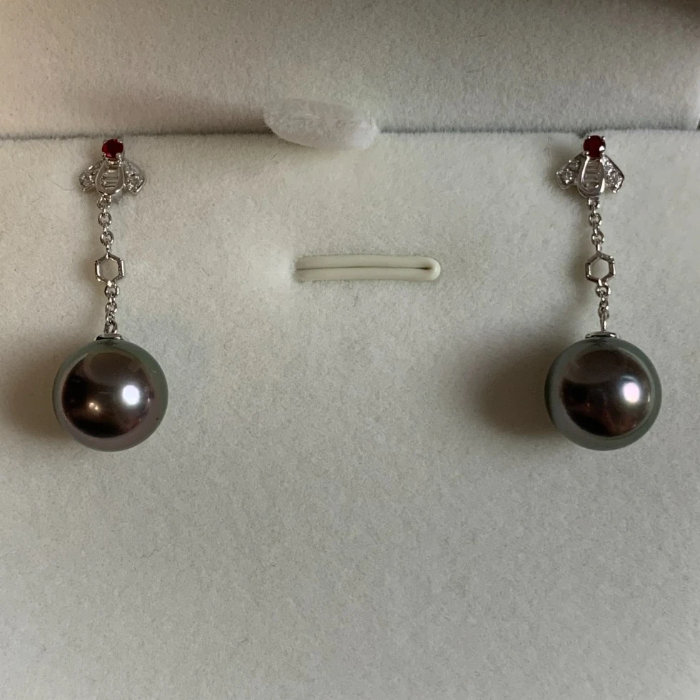 【618超级补】海水珍珠大溪地珍珠耳坠18k金镶钻10mm孔雀绿极强光