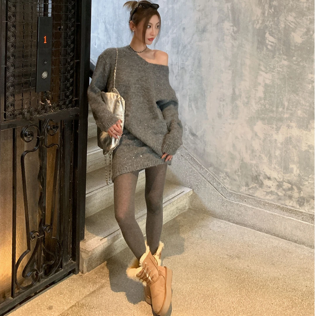 2025秋冬慵懒风宽松V领长袖针织毛衣高腰显瘦包臀短裙闪闪两件套