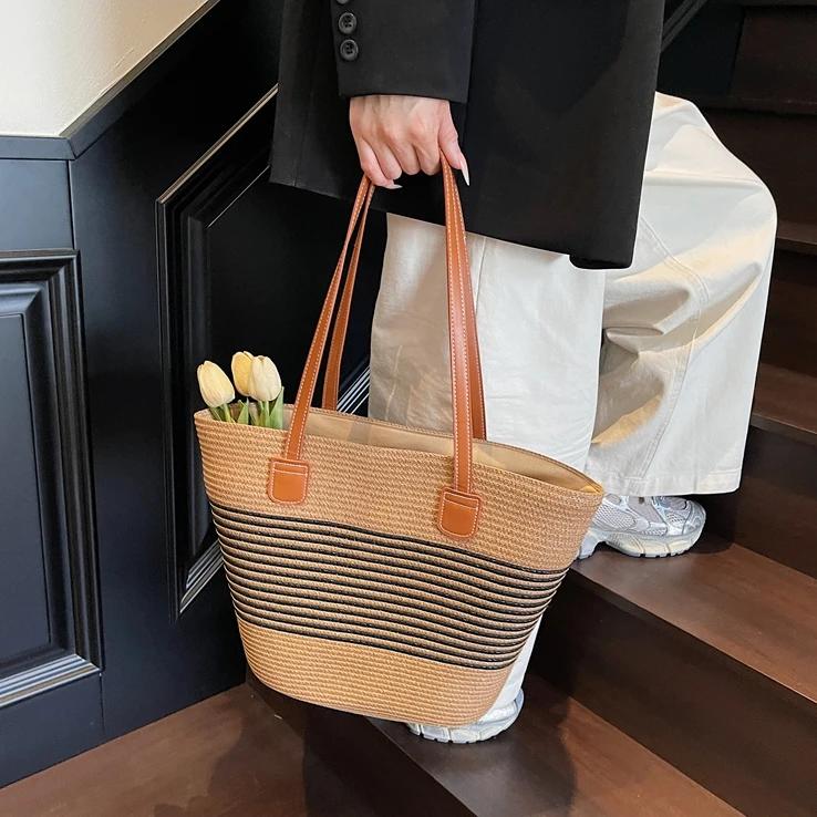 草编托特包镂空草编通勤包百搭单肩菜篮子包女款大容量休闲度假包