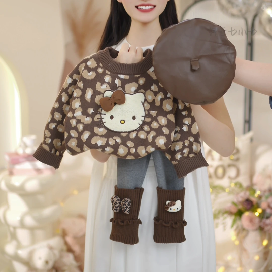 女童2025秋冬季新款加厚豹纹圆领毛衣➕加绒打底裤两件套C23891