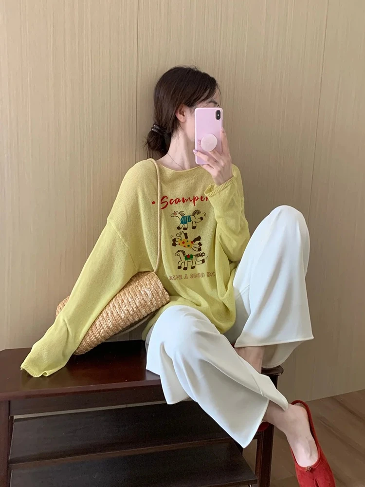 2025超火减龄上衣宽松韩版慵懒风黄色小马长袖百搭防晒t恤女夏季