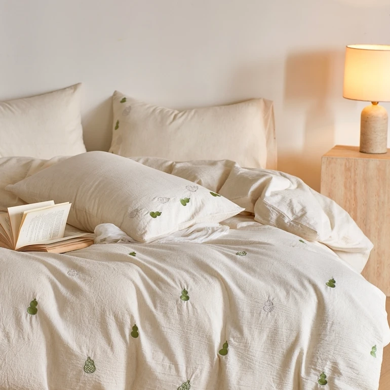 新款棉麻立体刺绣小清新简约款四件套床上用品床单被套被单被罩
