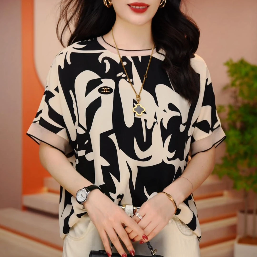 YC  极简风优雅轻奢时尚百搭高端气质显瘦减龄洋气印花上衣