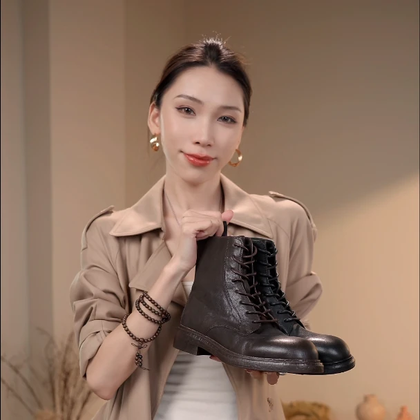 秋冬时尚复古英伦风真皮马丁靴女系带粗跟厚底做旧机车靴帅气短靴