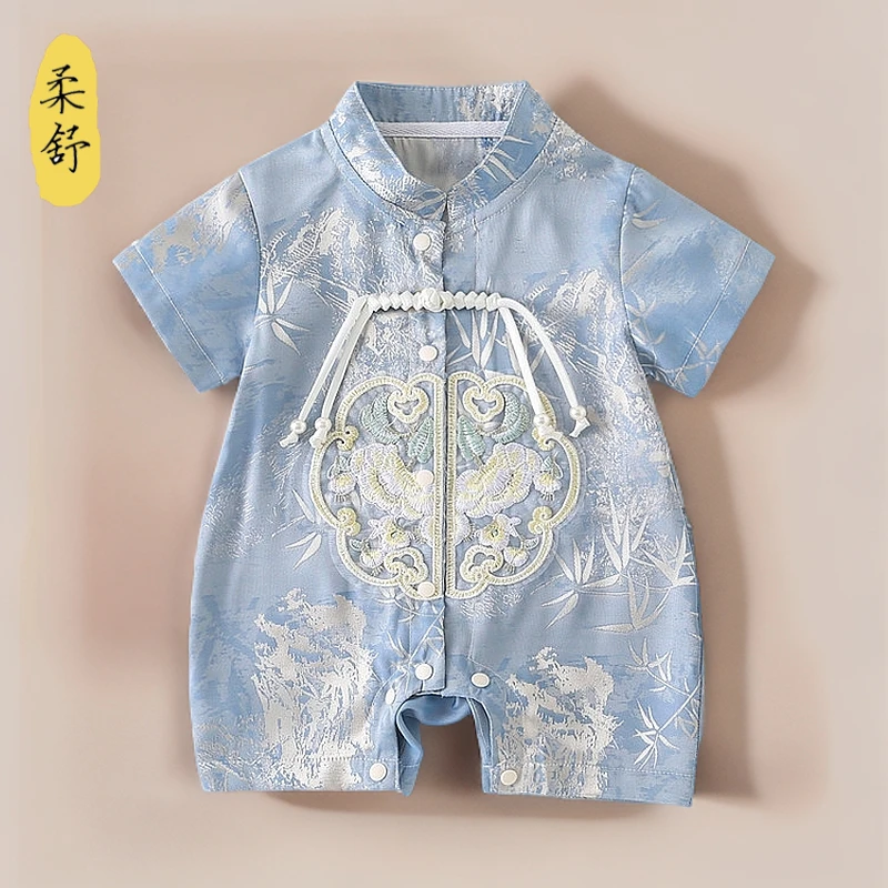 婴儿夏装幼儿中式宝宝复古中国风男宝薄款连体衣短袖满月百天周岁