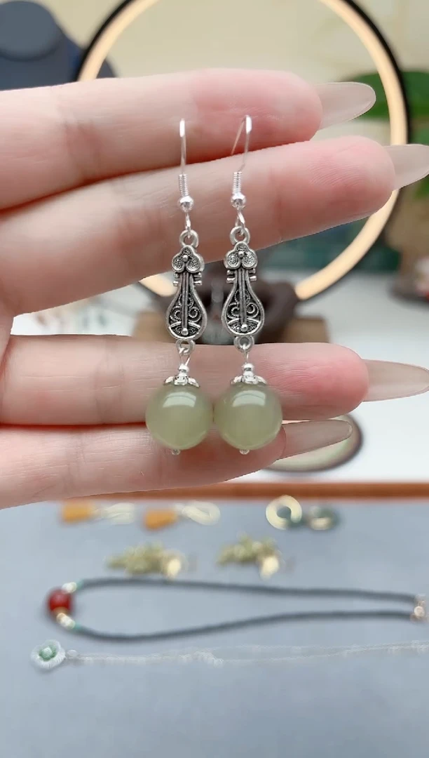 东陵石银S925镶嵌耳饰6233