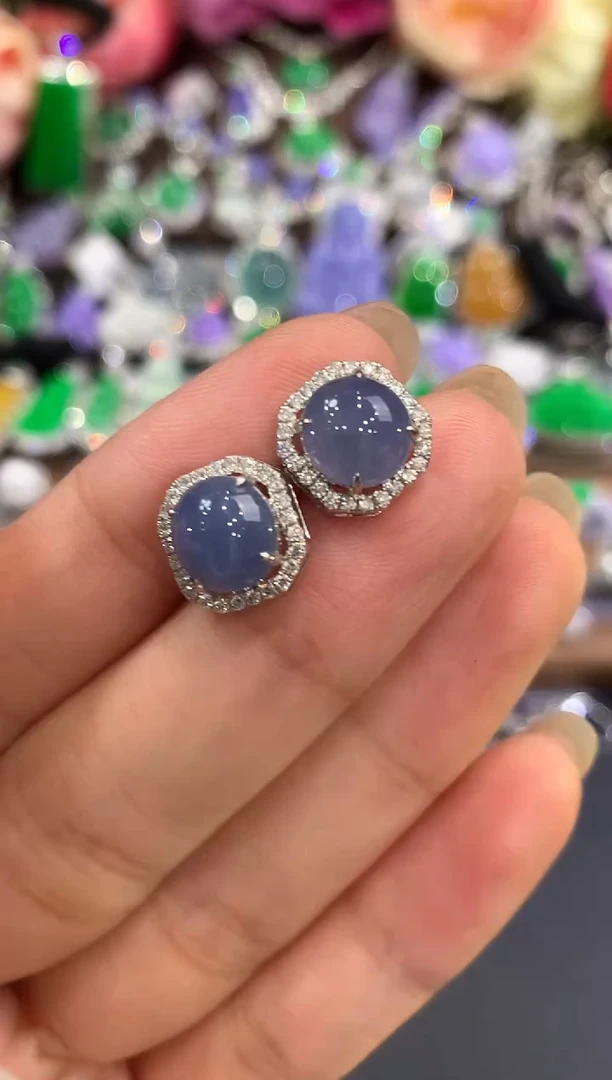 18K金镶嵌翡翠耳饰w6紫货有色差