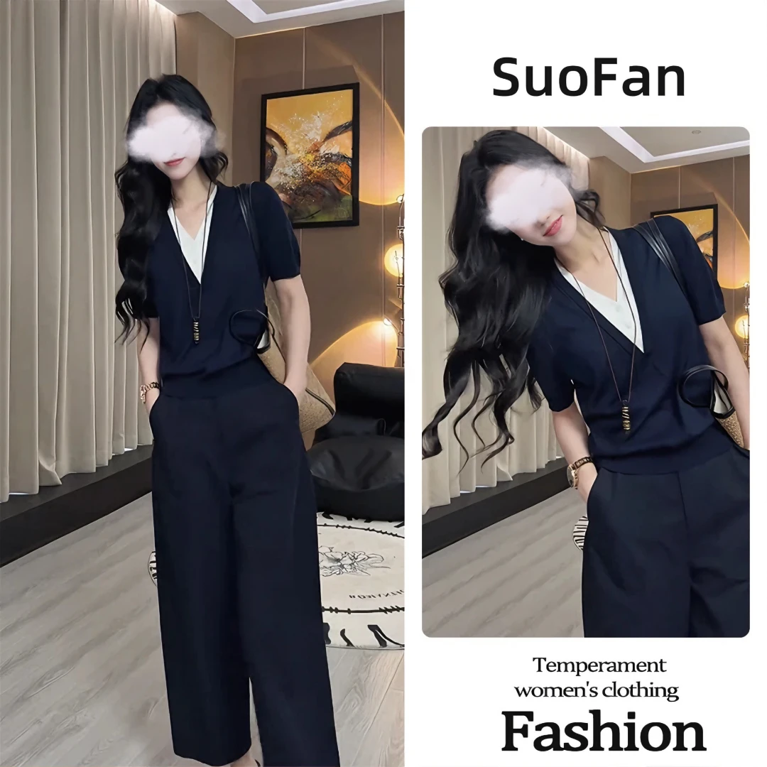 夏季气质一整套女装2025新款假两件V领针织衫高腰休闲裤两件套潮