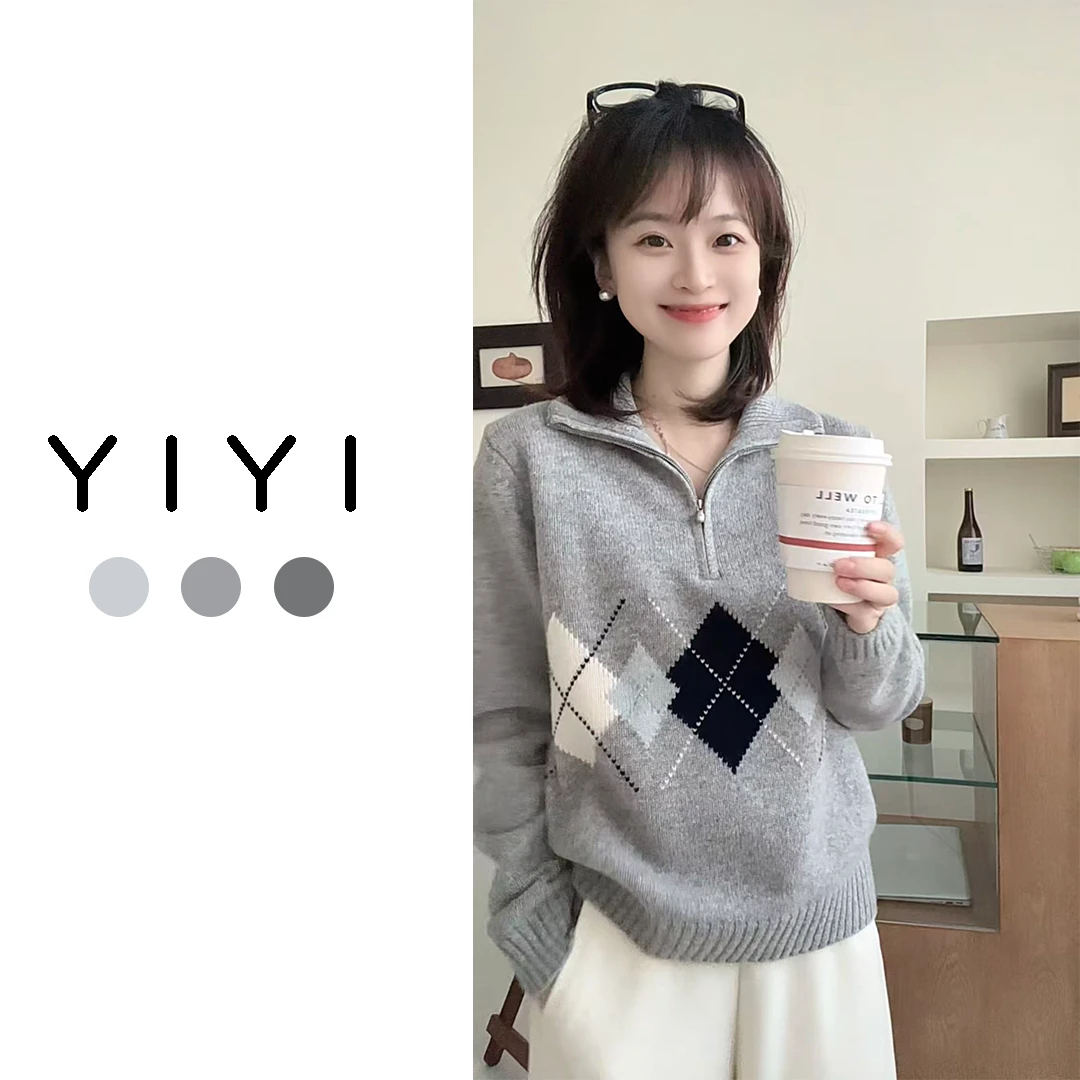 【YiYi】小菱格~韩版厚款全羊毛半拉链立领百搭菱格套头