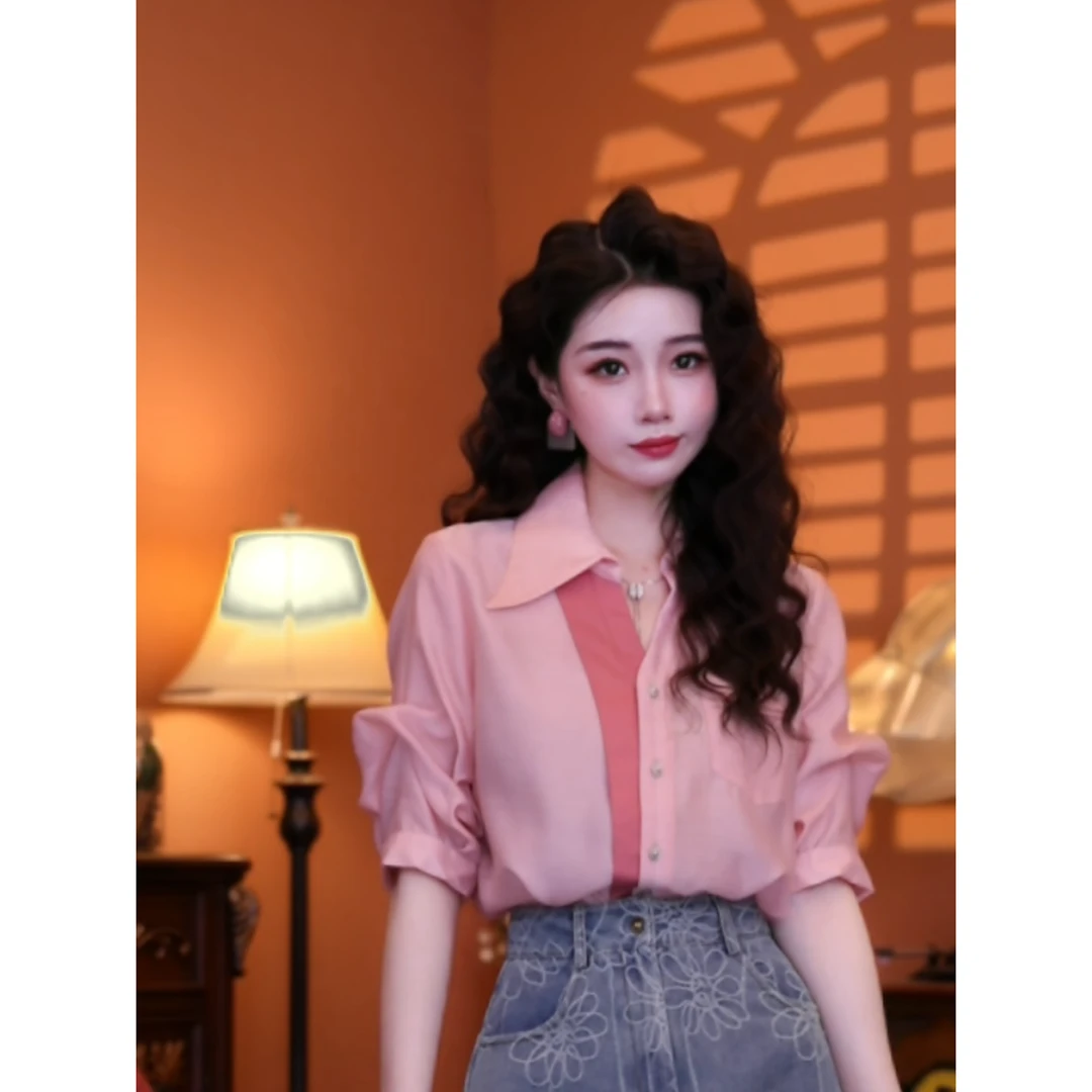 蒋肉肉【红粉恋歌】港味复古时尚气质短袖上衣01831