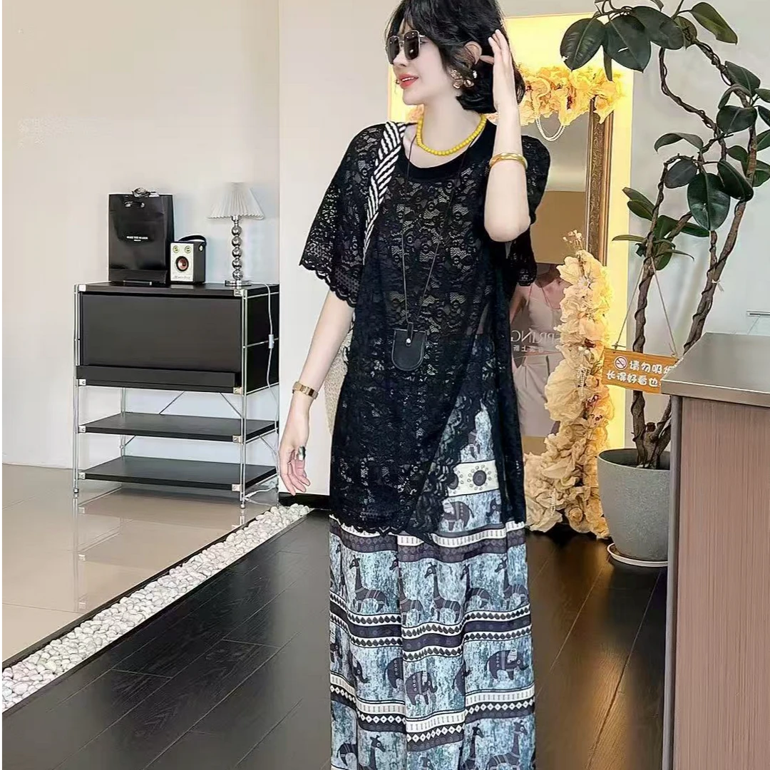 6071大码女装半身裙夏季新款胖m显瘦气质裙子+蕾丝开叉上衣两件套