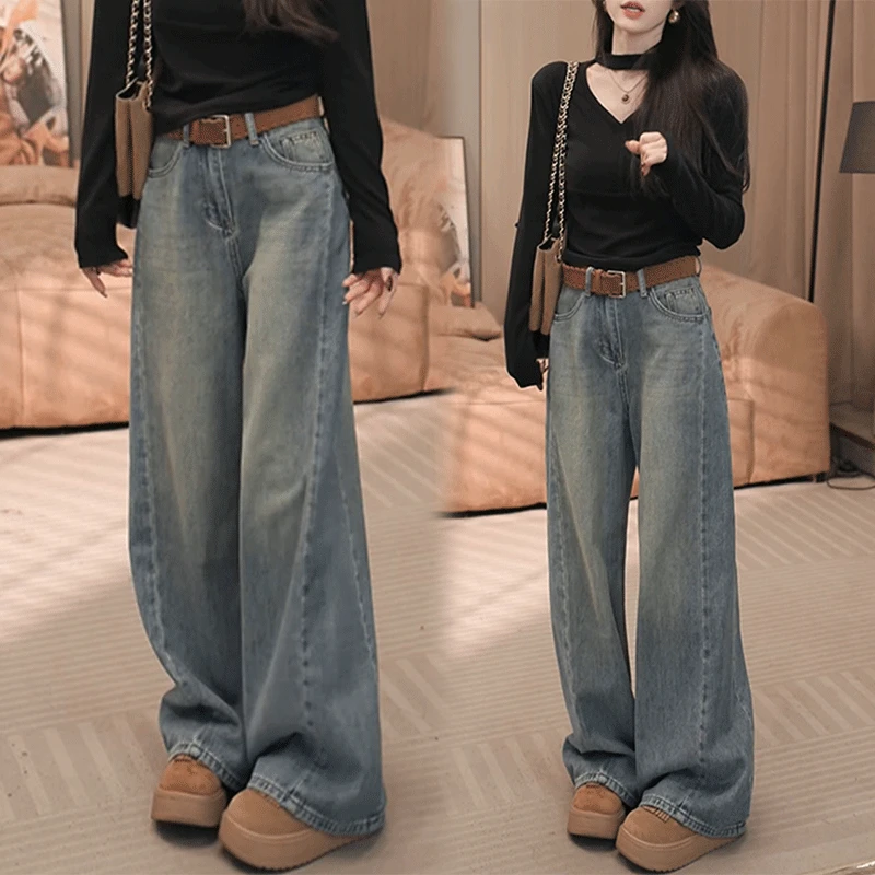 2025秋季新款时尚立体裁剪宽松牛仔裤女百搭显瘦休闲裤阔腿女裤子