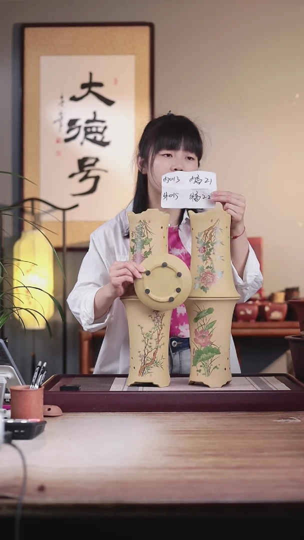 紫砂花盆春夏秋冬-段泥西施盆小号一套带托盘