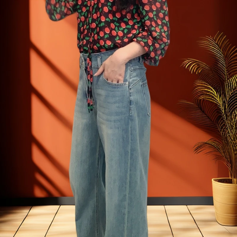 XZ560102高腰复古女夏季牛仔裤裤子设计感法式阔腿水洗G