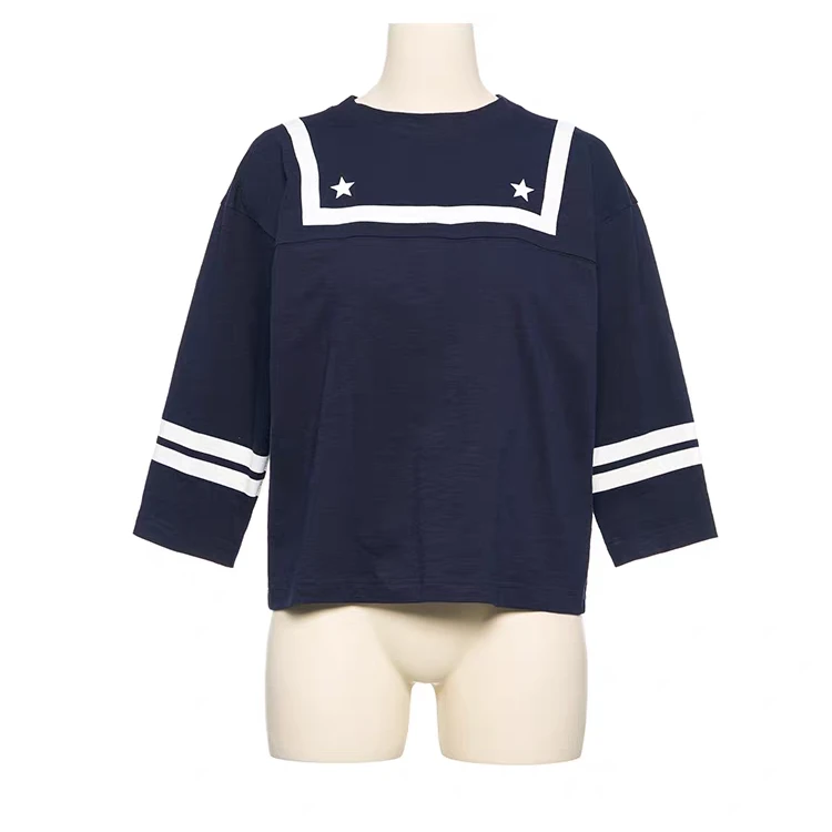 PUSHBUTTON  设计师品牌25春夏新款海军领条纹撞色短款七分袖T恤