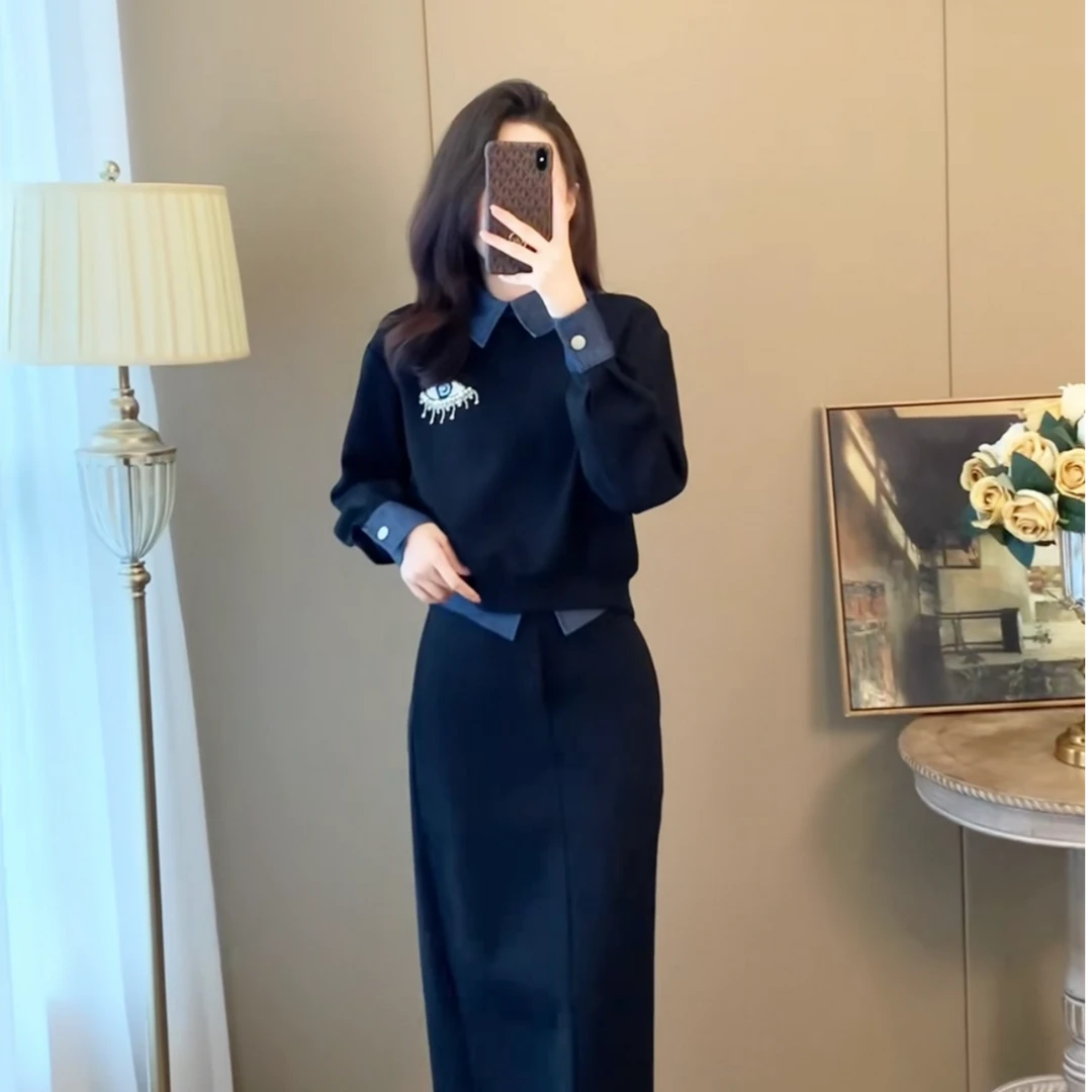 【两件套】高级感黑色洋气显瘦时尚长袖秋季高腰气质复古套装女2209