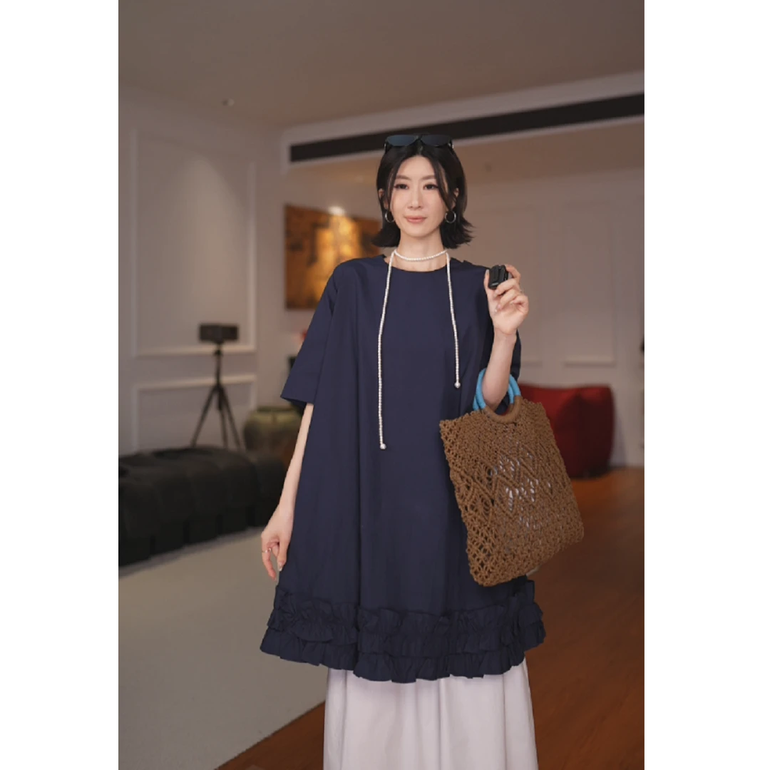 GU JIFEN｜挪威絮语｜宽松气质木耳花边下摆遮肉连衣裙 X56809