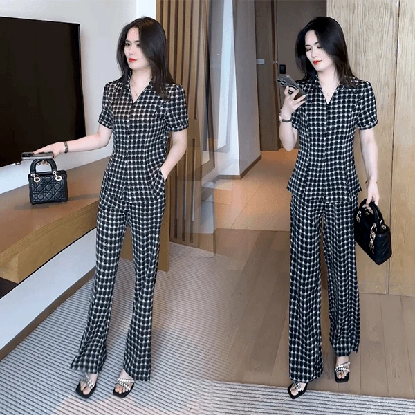 2025休闲风时尚套装女神范夏季妈妈装收腰短袖衬衫阔腿裤两件套潮