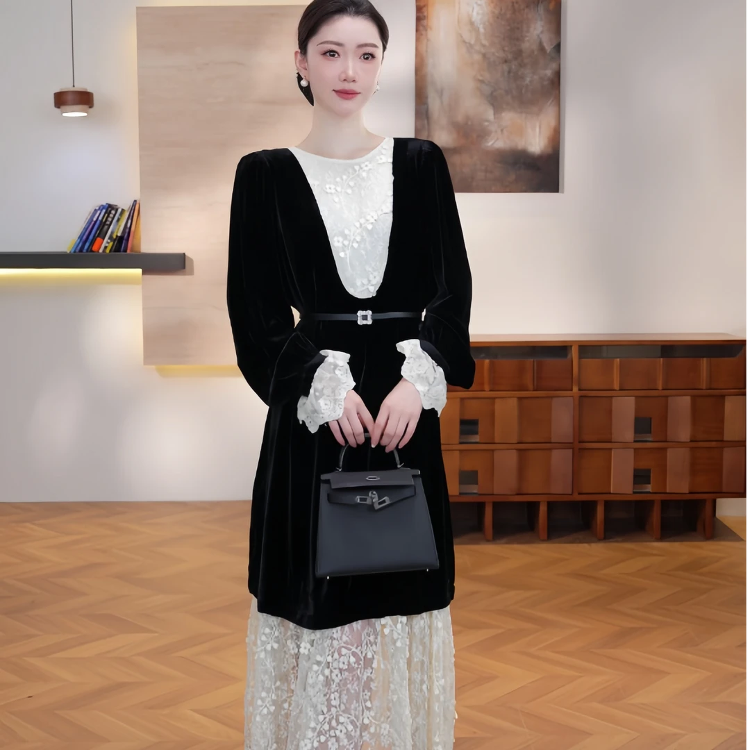 【WW】秋季设计师轻奢法式印花女士连衣裙 H-1301