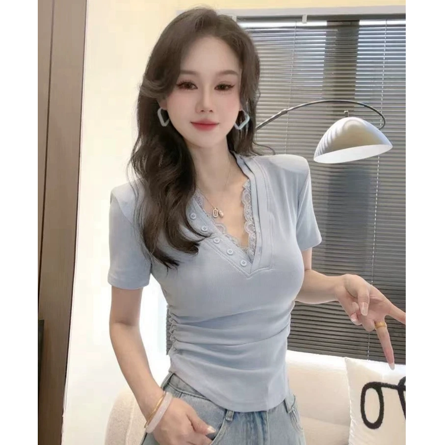 蕾丝花边正肩T恤女短袖2025夏装新款设计感小众褶皱百搭V领上衣潮
