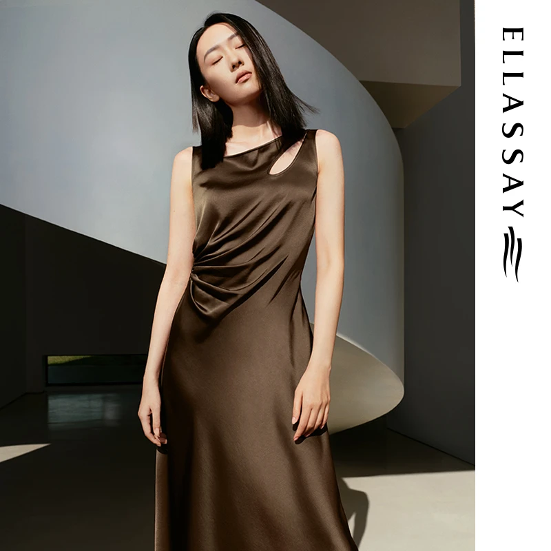 ELLASSAY歌力思欧若智性风三醋酸收腰抽褶轻奢连衣裙EWE342Y07500