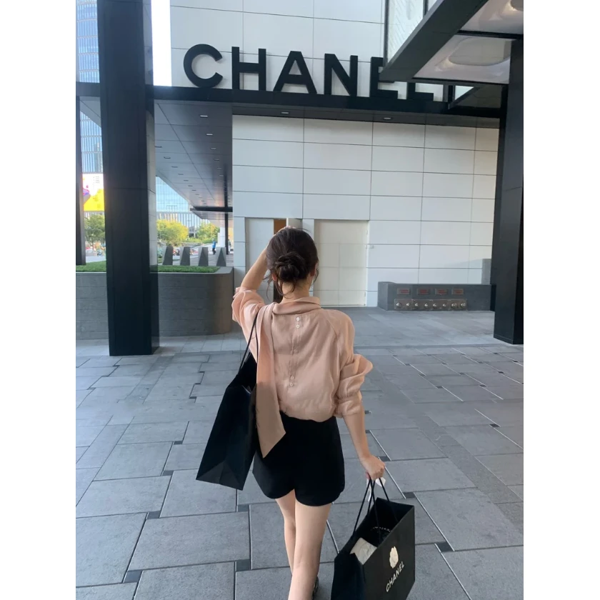 富家欧尼~斜角一字飘带领后背系扣温婉气质长袖衬衫2025秋季新款
