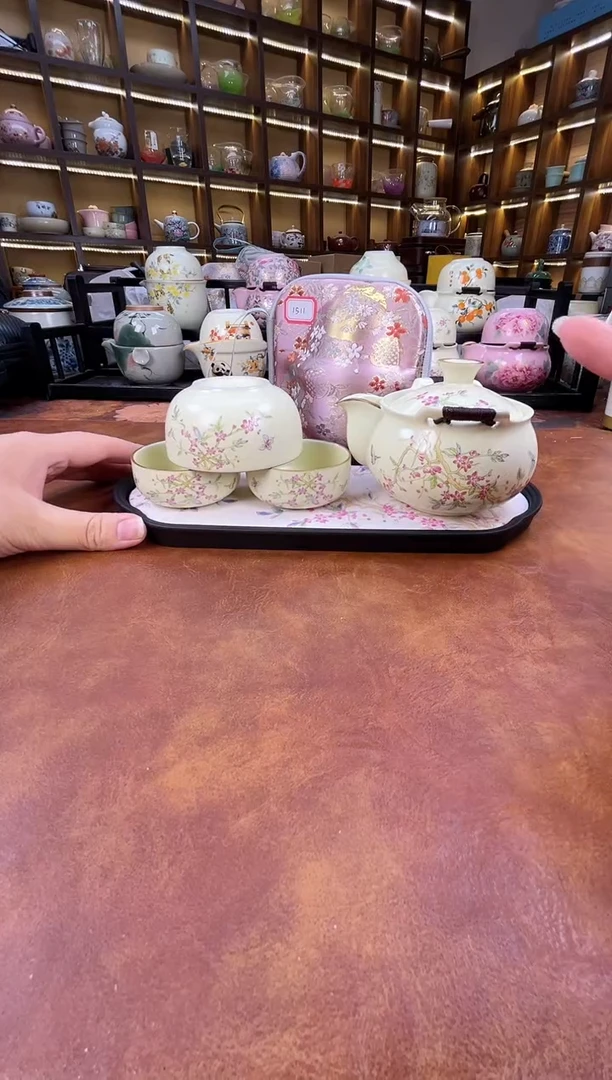 瓷片桃花3杯宝瓶旅行+长方桃花盘