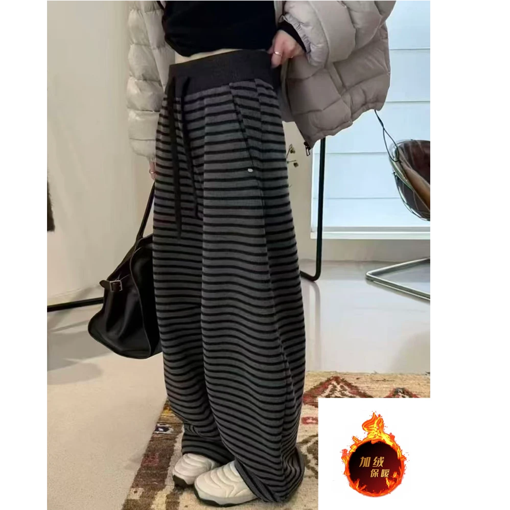 加绒加厚条纹阔腿裤女冬季2025新款百搭宽松高腰显瘦休闲直筒长裤
