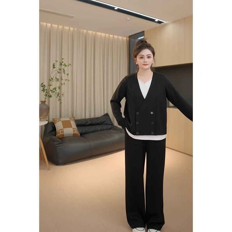 【胖佳佳】面面俱到懒人套装 假两件撞色上衣休闲裤H625Z02748