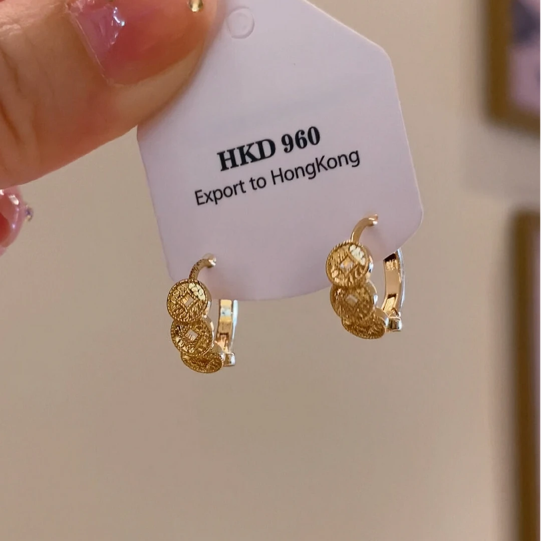 铜合金耳饰 爆闪碎冰冰钱币耳环女复古高级感轻奢气质钱多多耳饰