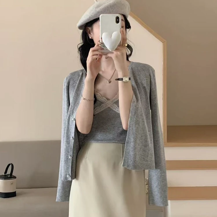 韩系春秋新款清新蕾丝边温柔气质背心吊带纯色针织开衫两件套装