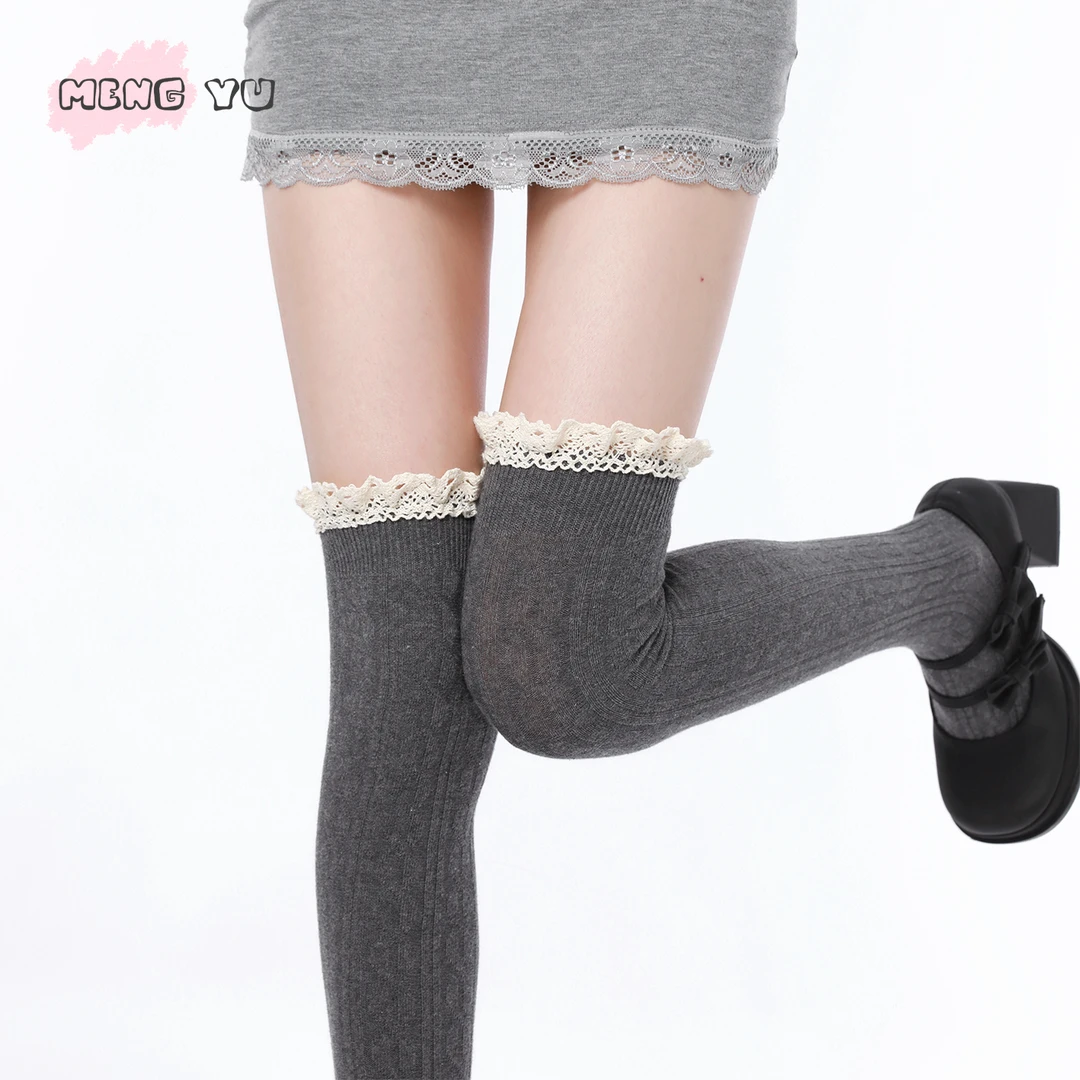 萌欲白色长筒袜春秋季中筒袜子女春秋显瘦jk爆款花边小腿袜堆堆袜