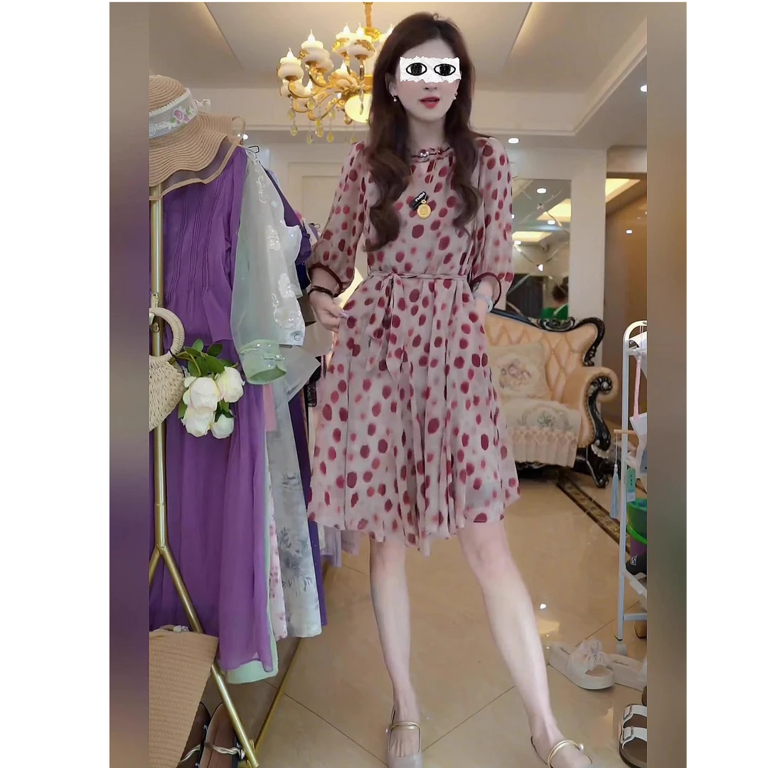 【暗涌】波点印花连衣裙2025新款气质收腰裙子D4154