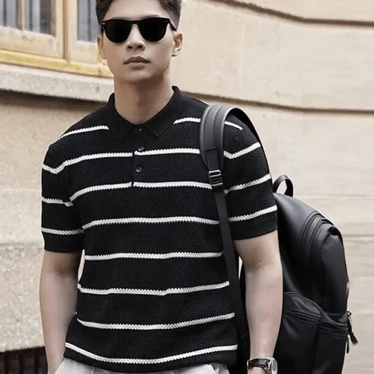 复古老钱风休闲短袖条纹针织衫百搭菠萝纹Polo衫半袖上衣秋冬新款