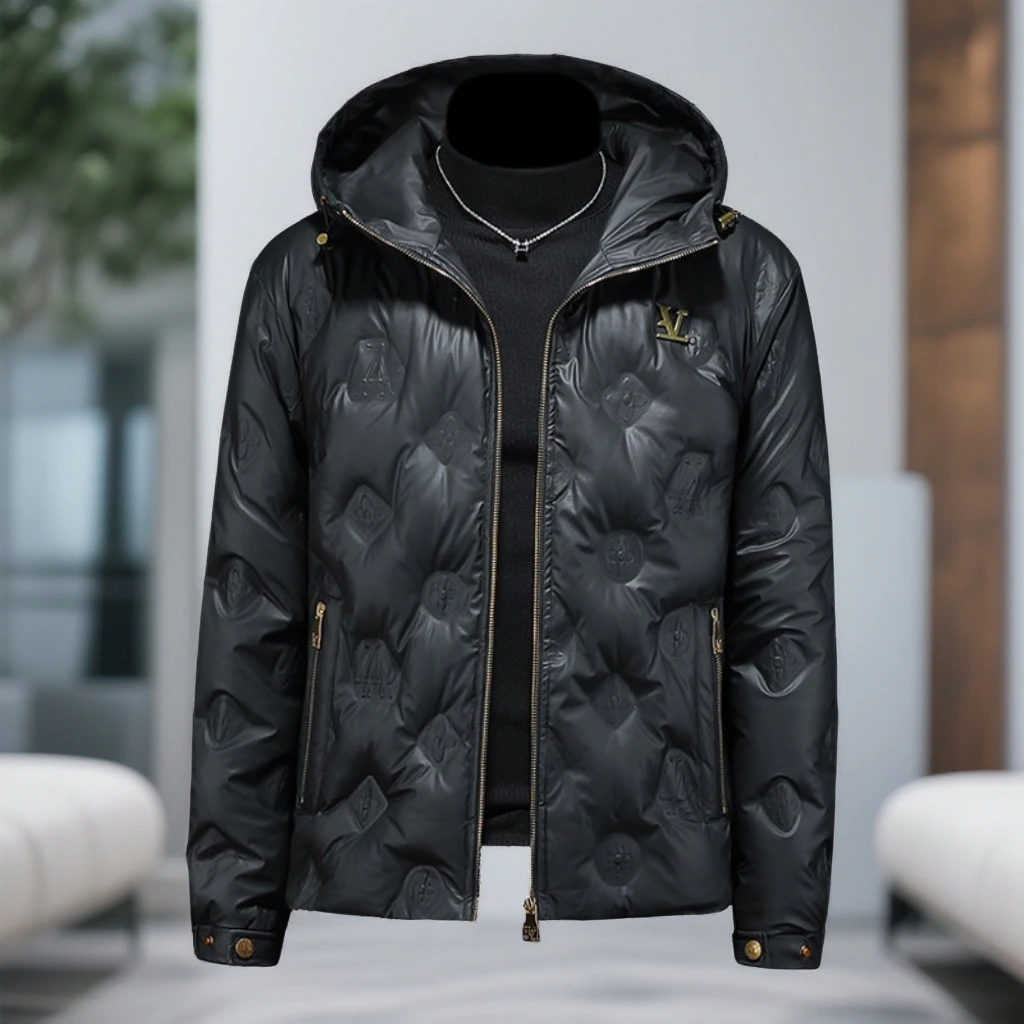 娜罗普西时尚暗花连帽羽绒服男士冬季新款轻奢潮牌白鸭绒休闲外套