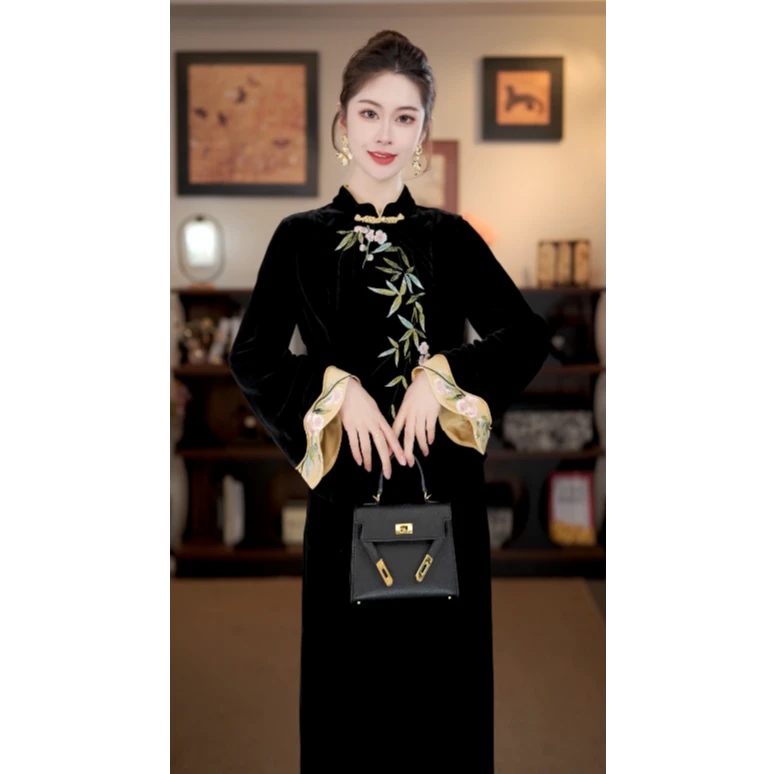 【花未眠】满分桑蚕丝丝绒上衣女秋修身新中式国风上衣G8736