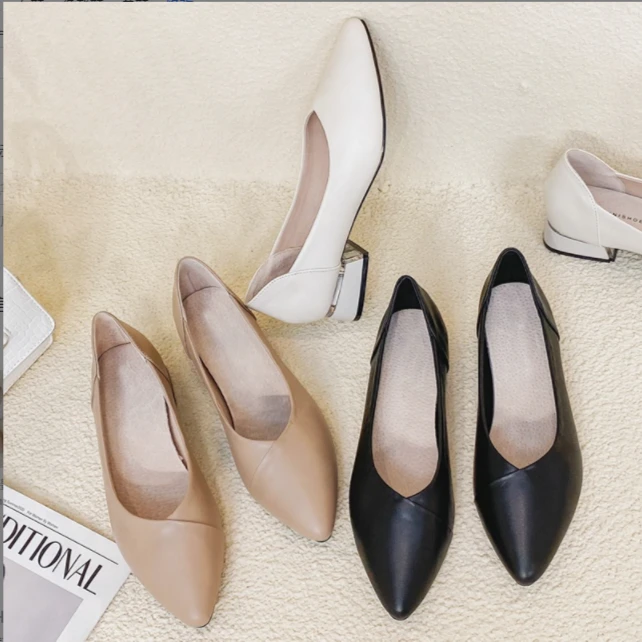 xizi/昔子 21201头层牛皮粗跟单鞋尖头浅口中跟春秋气质软底跟鞋