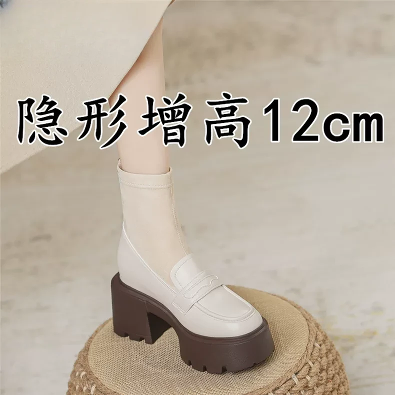 内增高12cm超高跟马丁靴女2025新款秋冬白色英伦风弹力袜靴瘦瘦靴