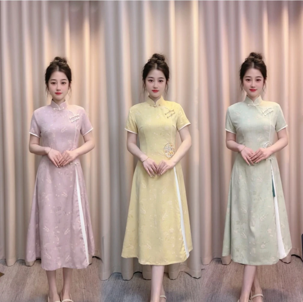 【小麦穗】夏季中长旗袍 A版大摆裙显瘦遮肉时尚气质日常中国风