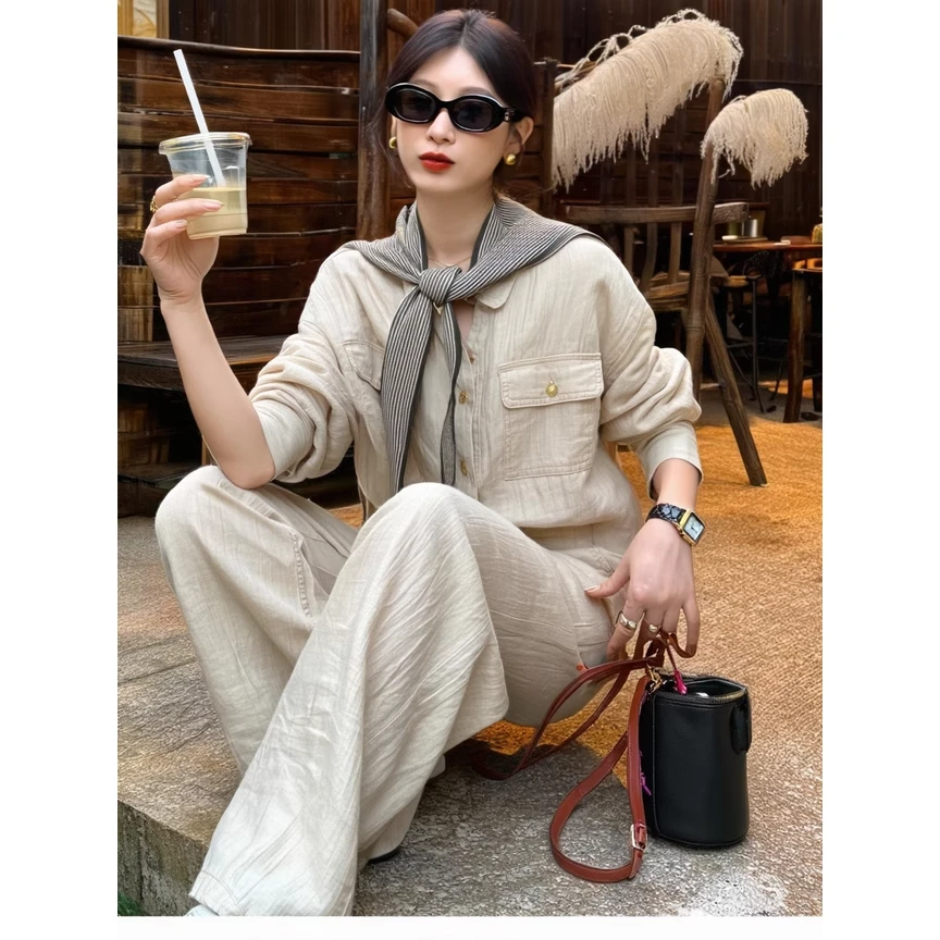 夏季新款简约老钱风亚麻防晒套装女2025气质轻奢宽松防晒衣两件套