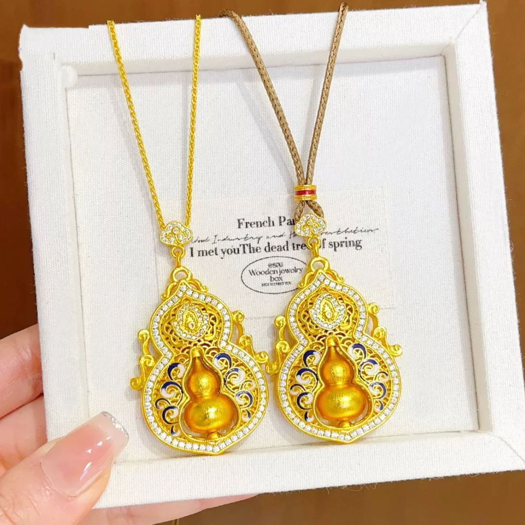 铜合金项链 新中式拉丝青花瓷四美葫芦吊坠项链毛衣链可转动葫芦