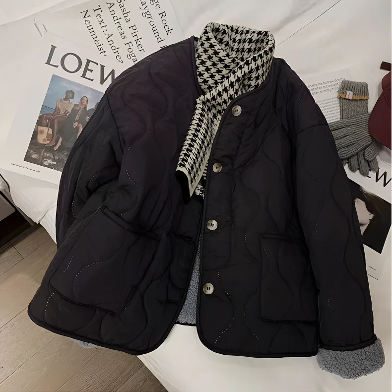 韩版复古菱格羊羔毛棉服外套女秋冬季新款羊羔绒短款棉衣加厚棉袄