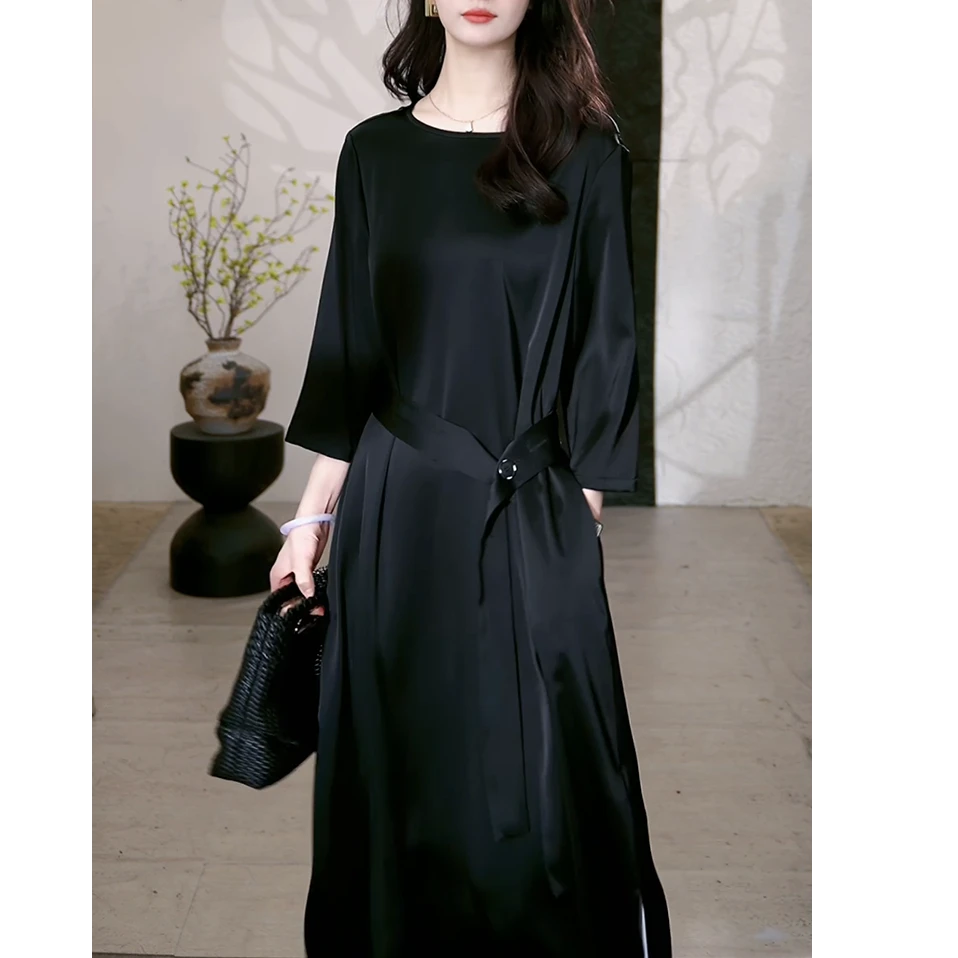 优雅气质黑色连衣裙2025秋装新款时尚百搭减龄显瘦洋气高贵中长裙