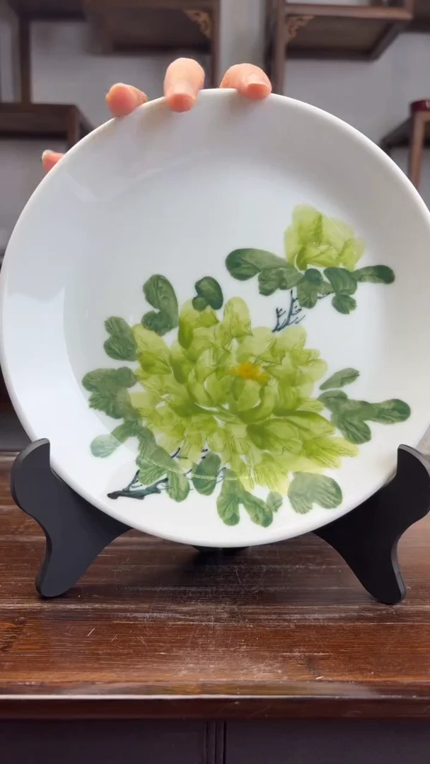 瓷片国韵瓷坊-绿牡丹斜边圆盘