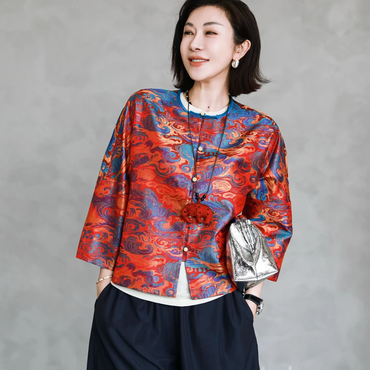 PENNYPENG火焰祥云老钱风紫红色品质复古小众圆领桑蚕丝外套洋气